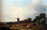 Eugene Verboeckhoven Wall Art - A Panoramic Summer Landscape With Cattle Grazing In A Meadow By A Windmill